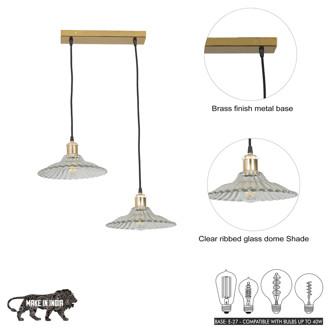 ALVORIA 2-Light Premium Clear Ribbed Glass Pendant  with Brass Finish Metal Base