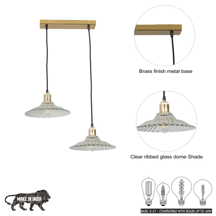ALVORIA 2-Light Premium Clear Ribbed Glass Pendant  with Brass Finish Metal Base