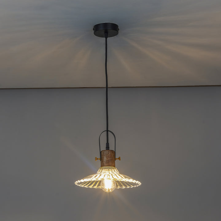 ALVORIA Premium Ribbed Clear Glass Pendant Light with Natural Wood & Black Finish Metal
