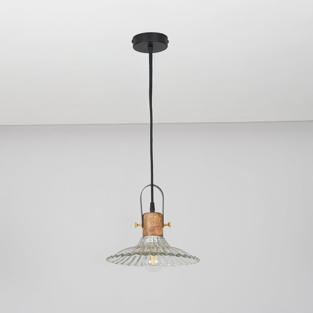 ALVORIA Premium Ribbed Clear Glass Pendant Light with Natural Wood & Black Finish Metal