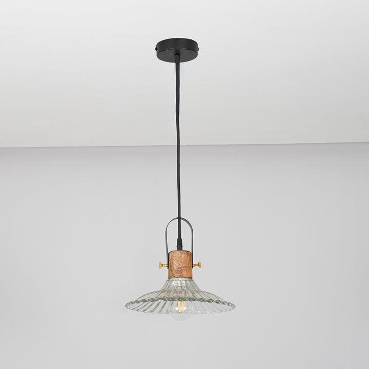 ALVORIA Premium Ribbed Clear Glass Pendant Light with Natural Wood & Black Finish Metal