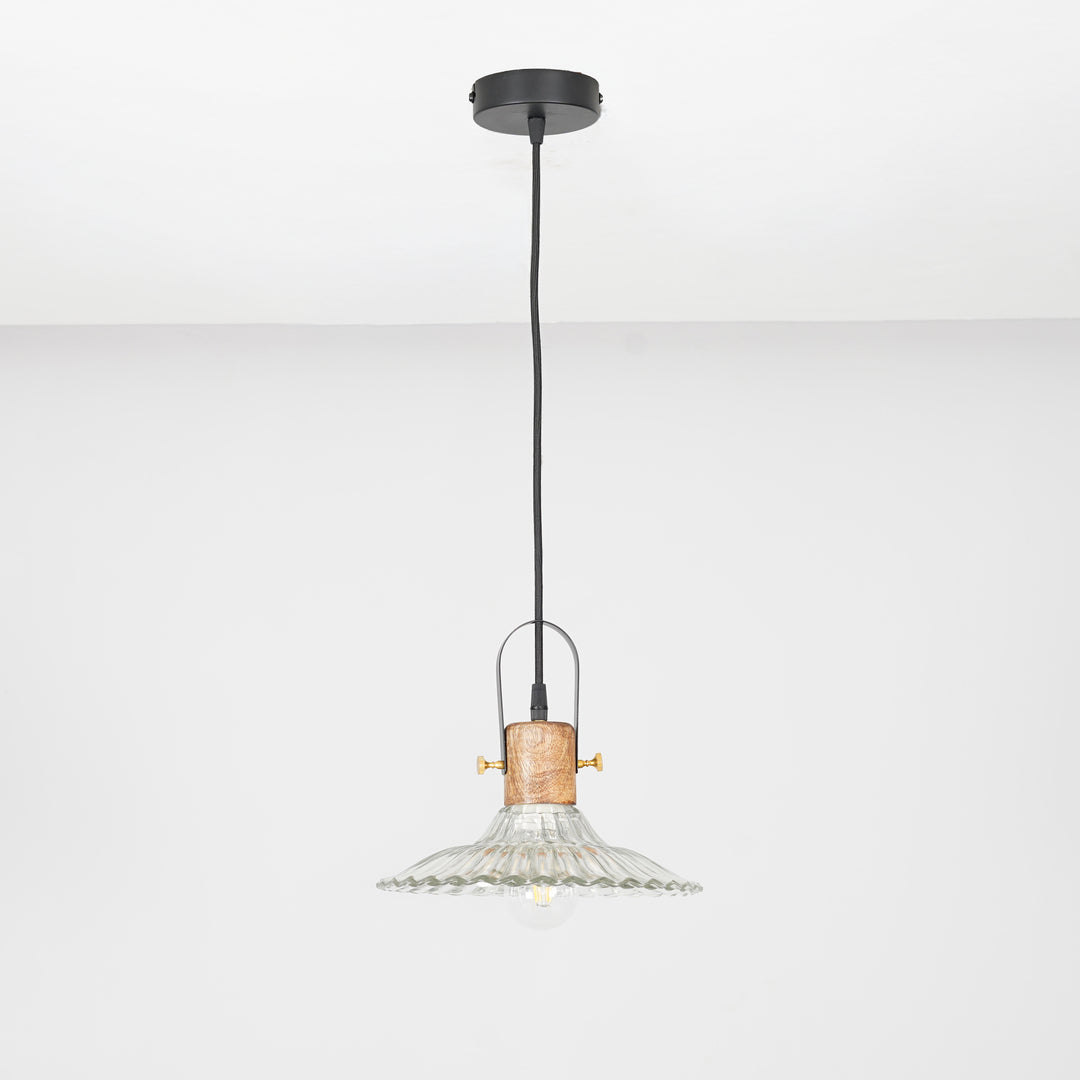 ALVORIA Premium Ribbed Clear Glass Pendant Light with Natural Wood & Black Finish Metal