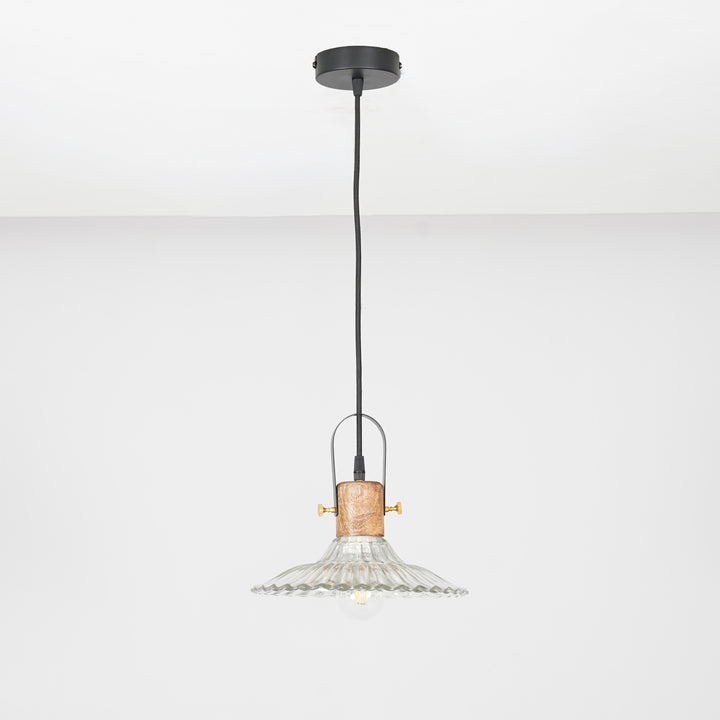 ALVORIA Premium Ribbed Clear Glass Pendant Light with Natural Wood & Black Finish Metal