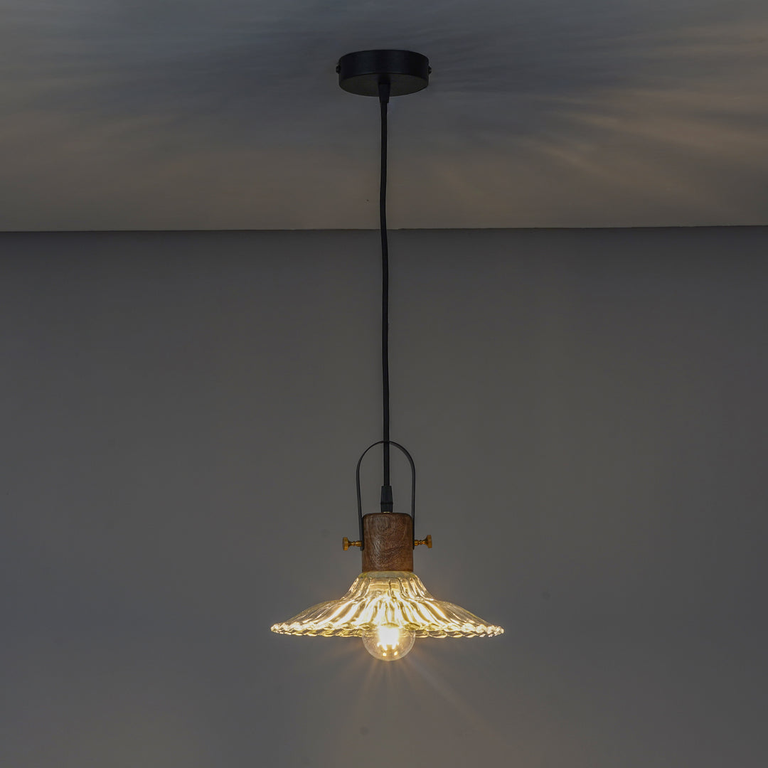 ALVORIA Premium Ribbed Clear Glass Pendant Light with Natural Wood & Black Finish Metal
