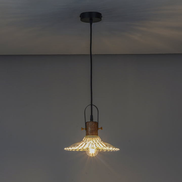 ALVORIA Premium Ribbed Clear Glass Pendant Light with Natural Wood & Black Finish Metal