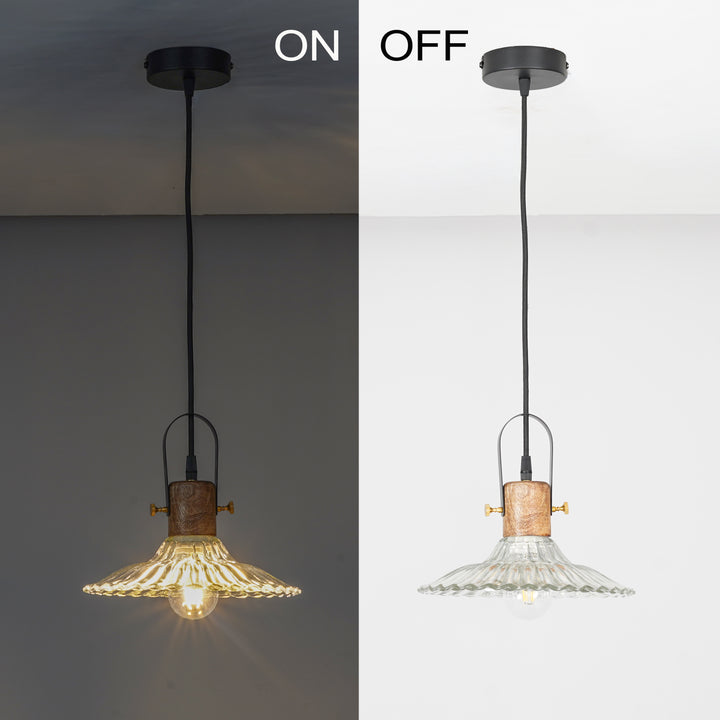 ALVORIA Premium Ribbed Clear Glass Pendant Light with Natural Wood & Black Finish Metal