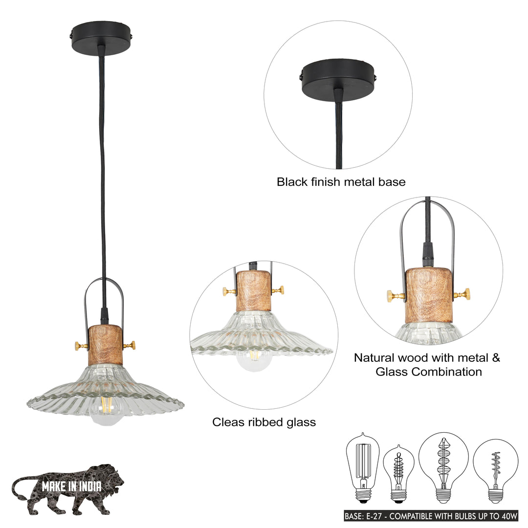 ALVORIA Premium Ribbed Clear Glass Pendant Light with Natural Wood & Black Finish Metal