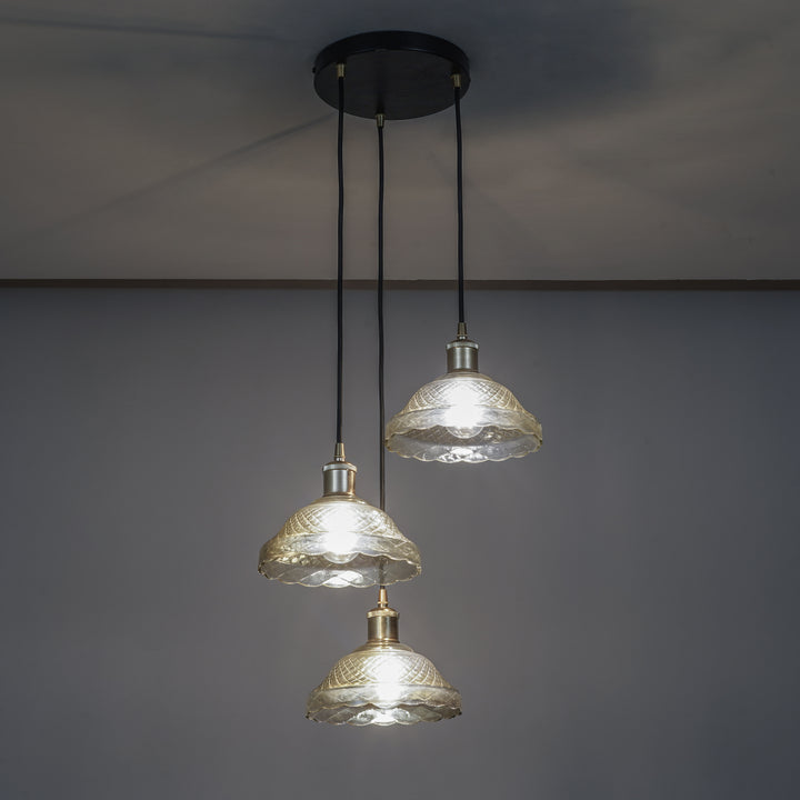 ZELVANA Premium 3-Light Smoke Glass Pendant  with Black Finish Metal Base