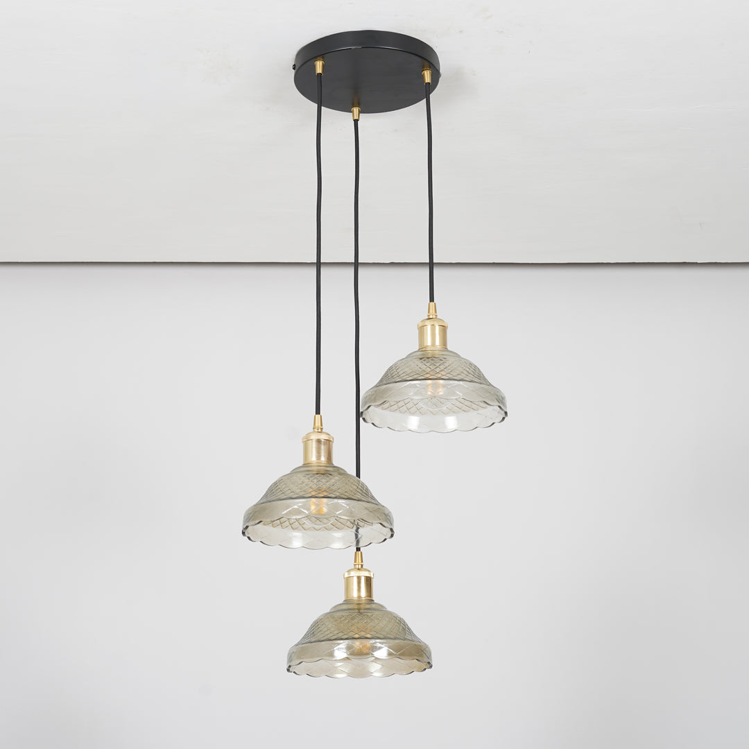 ZELVANA Premium 3-Light Smoke Glass Pendant  with Black Finish Metal Base