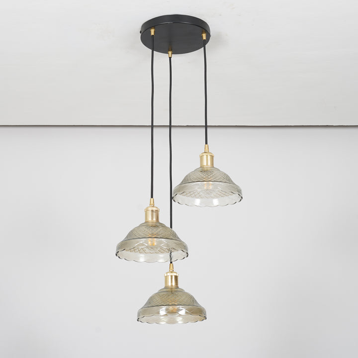 ZELVANA Premium 3-Light Smoke Glass Pendant  with Black Finish Metal Base