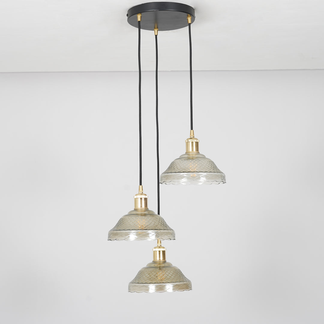 ZELVANA Premium 3-Light Smoke Glass Pendant  with Black Finish Metal Base