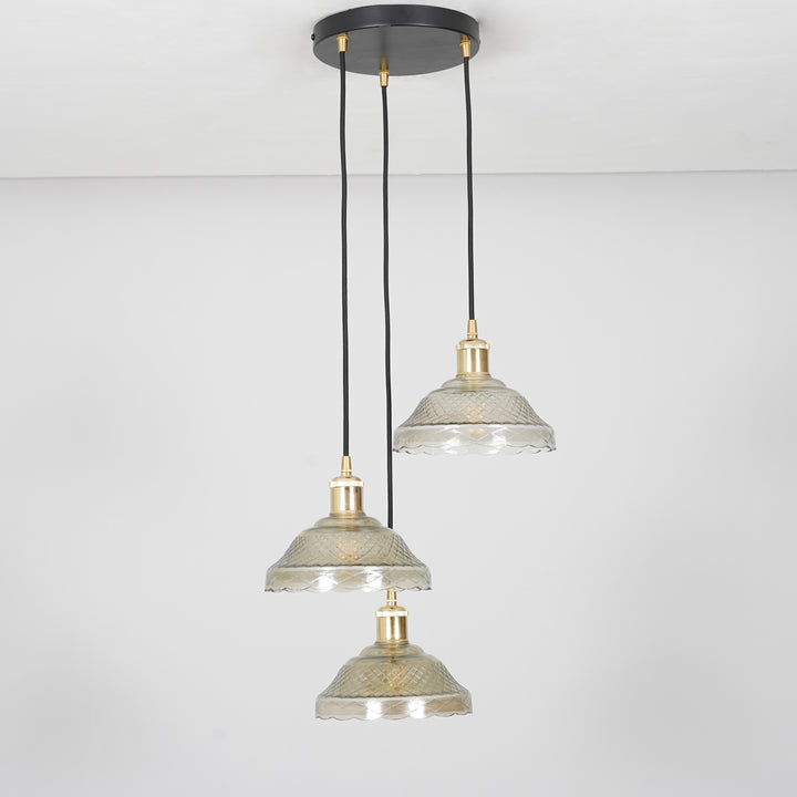 ZELVANA Premium 3-Light Smoke Glass Pendant  with Black Finish Metal Base