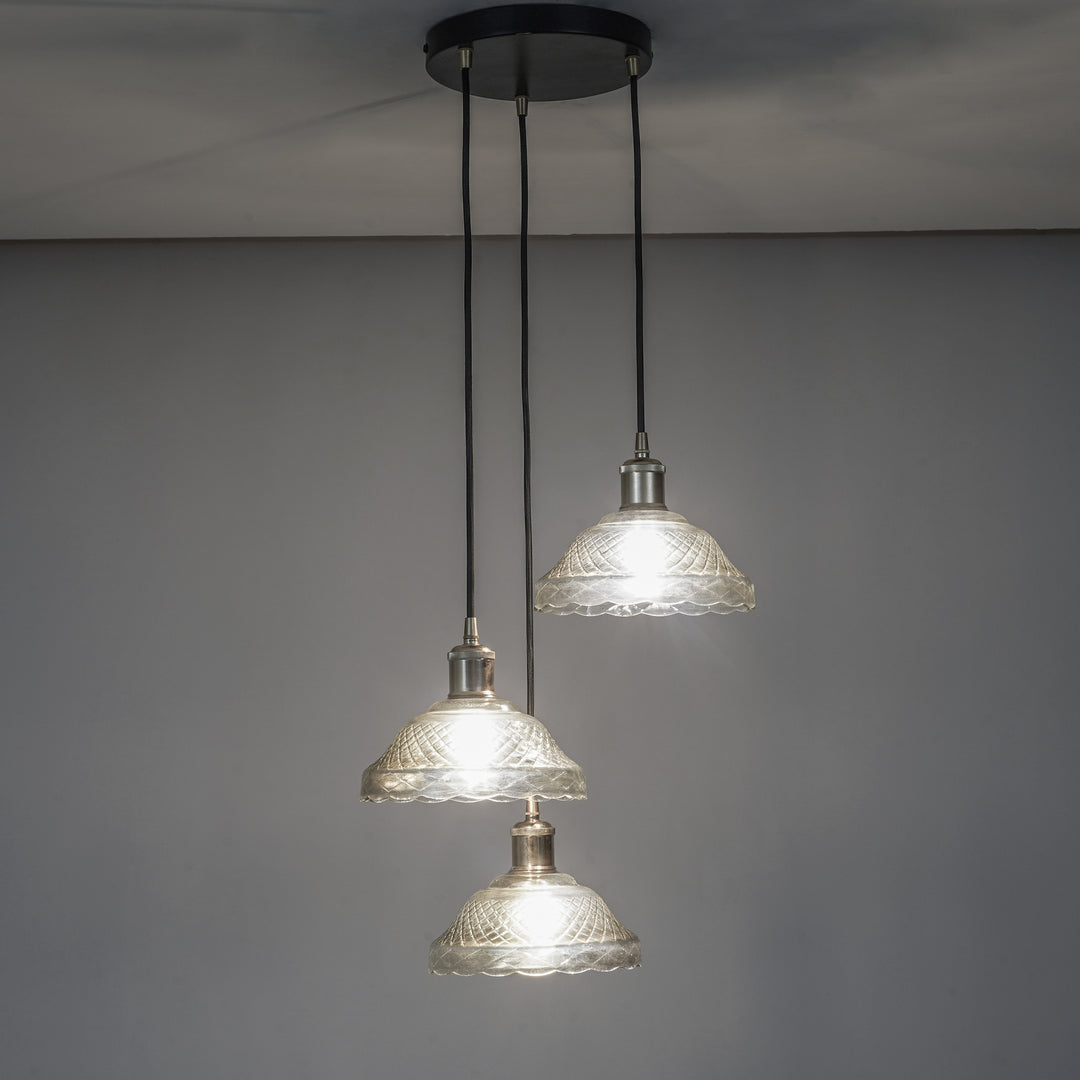 ZELVANA Premium 3-Light Smoke Glass Pendant  with Black Finish Metal Base