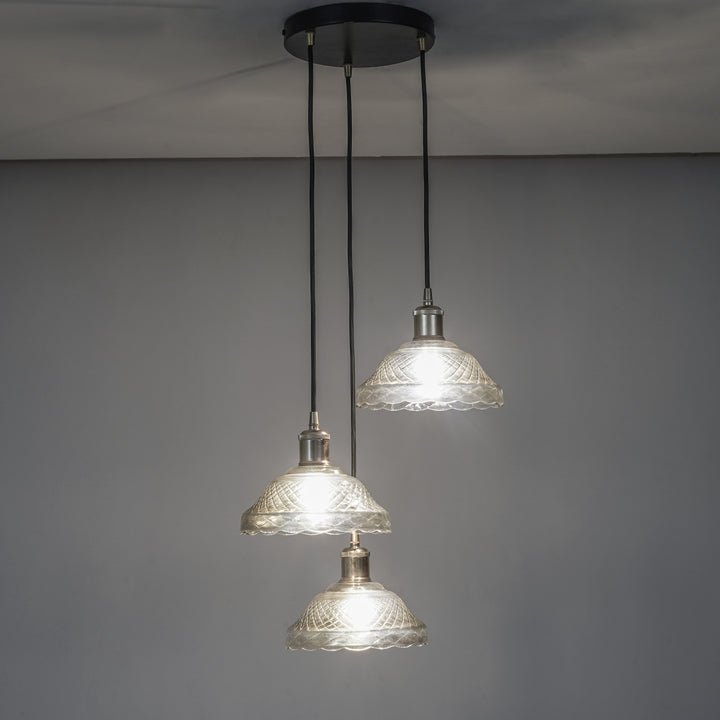 ZELVANA Premium 3-Light Smoke Glass Pendant  with Black Finish Metal Base
