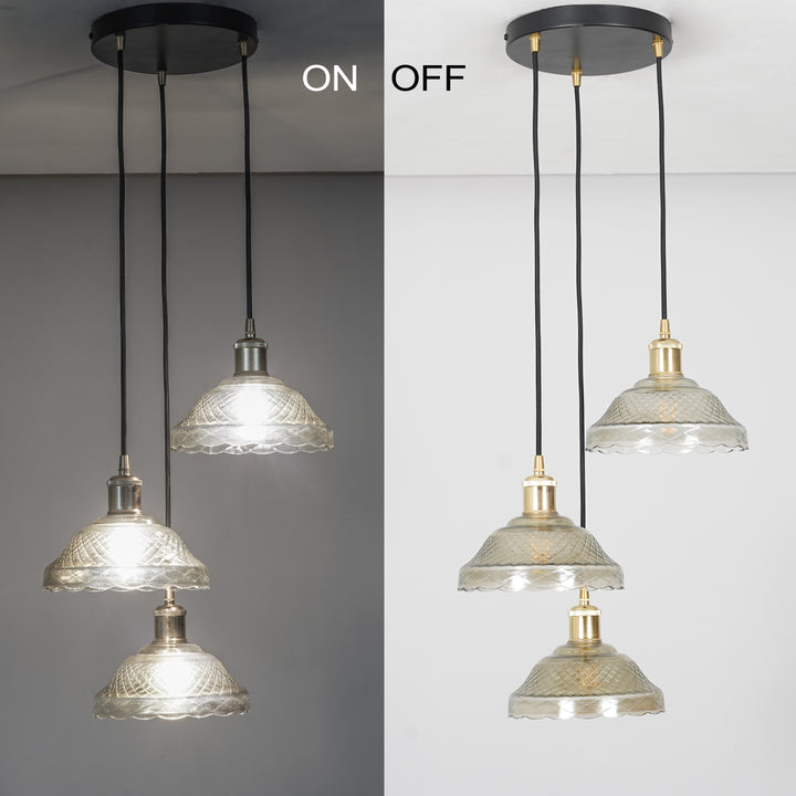 ZELVANA Premium 3-Light Smoke Glass Pendant  with Black Finish Metal Base