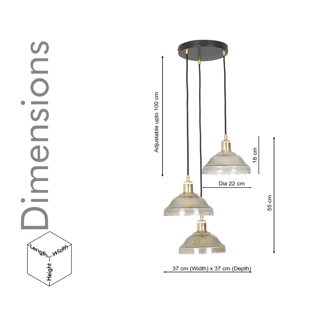 ZELVANA Premium 3-Light Smoke Glass Pendant  with Black Finish Metal Base