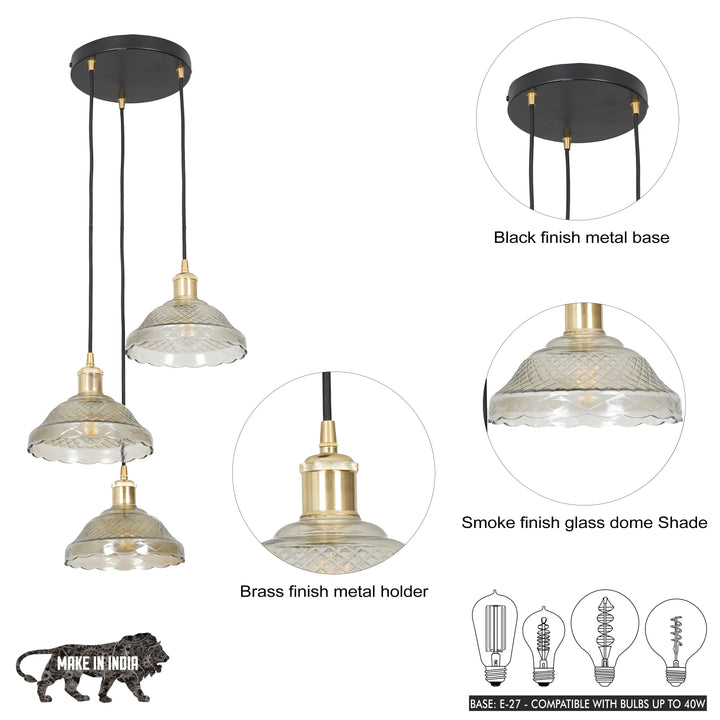 ZELVANA Premium 3-Light Smoke Glass Pendant  with Black Finish Metal Base