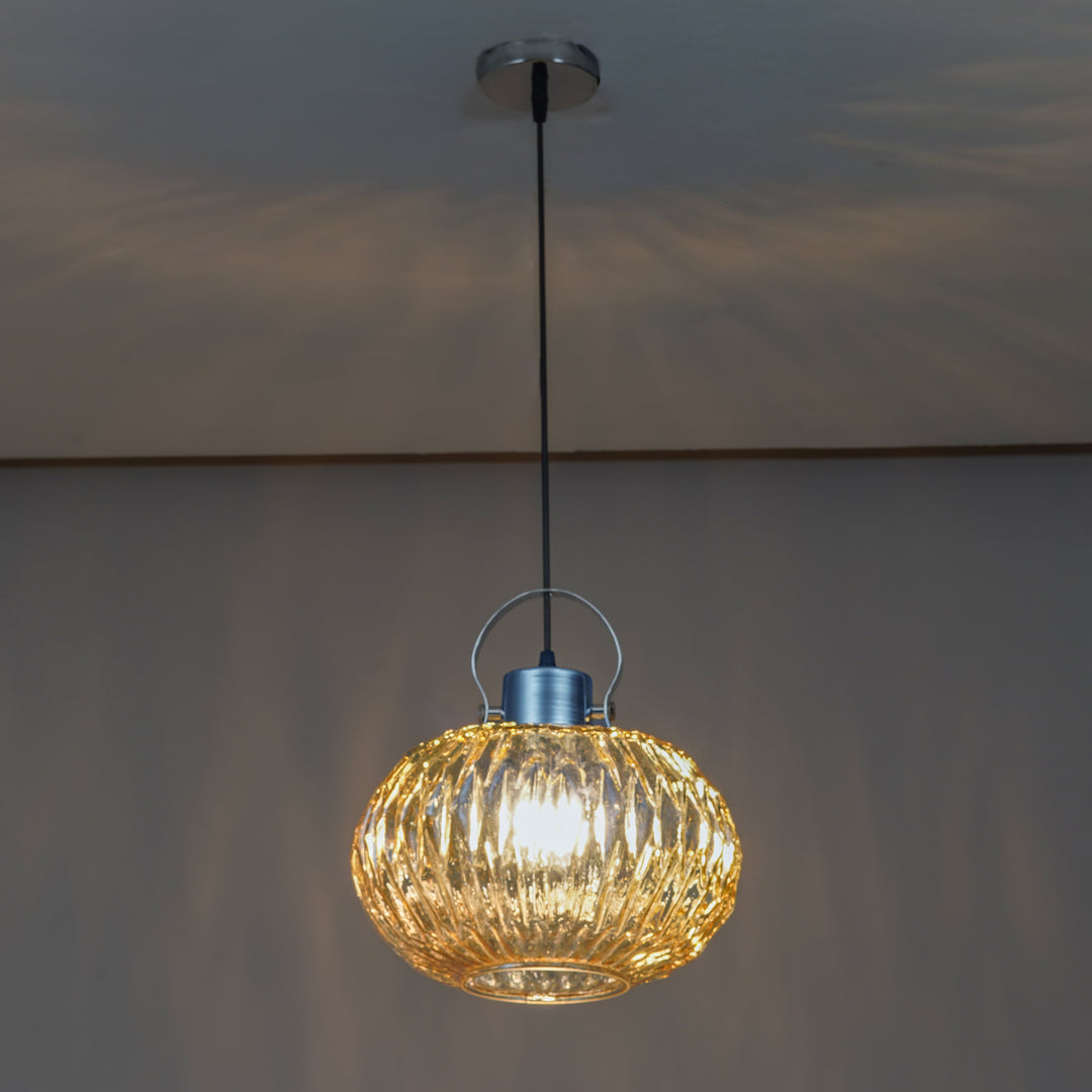 ZELVORA Premium Ribbed Amber Glass Pendant Light with Natural Wood & Black Finish Metal
