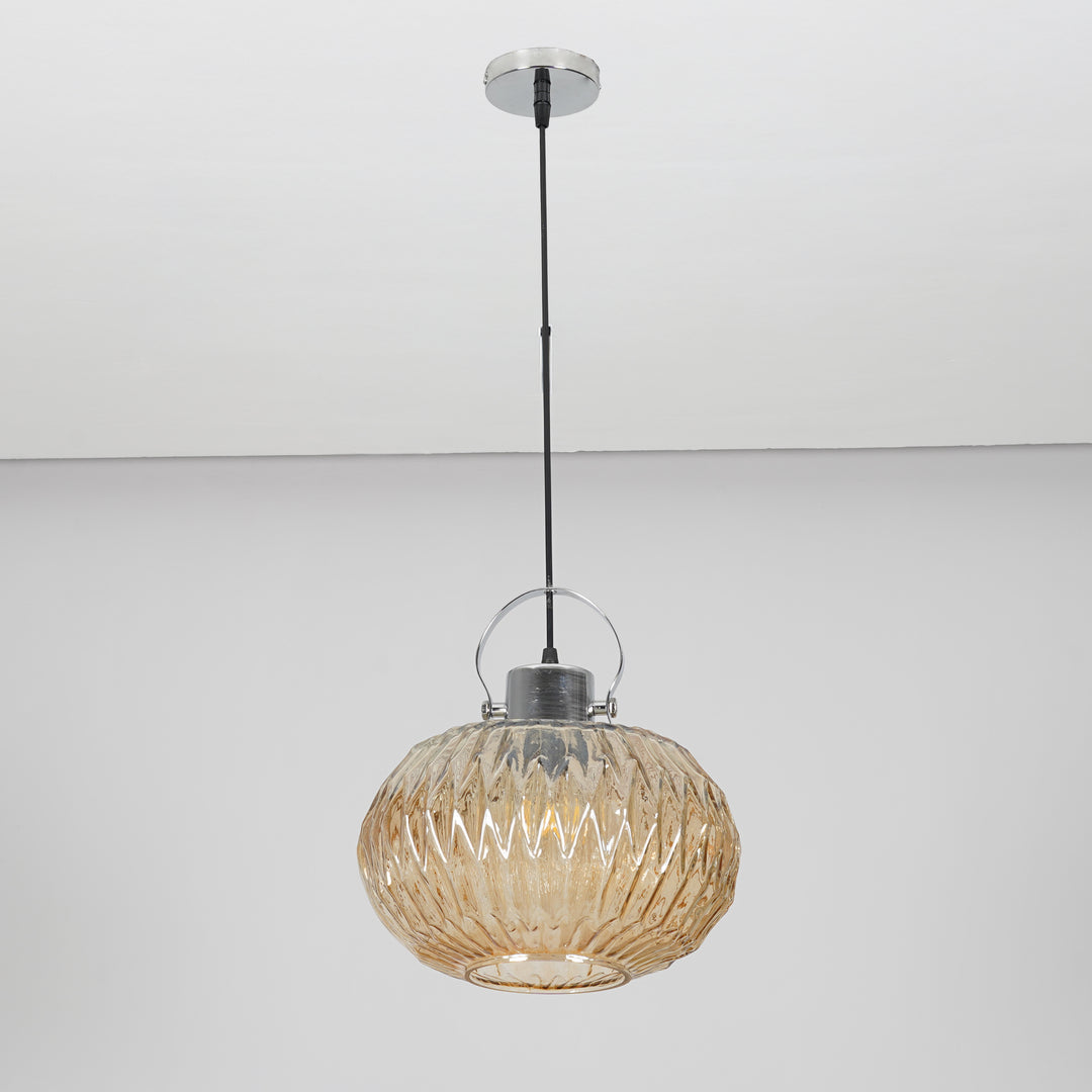 ZELVORA Premium Ribbed Amber Glass Pendant Light with Natural Wood & Black Finish Metal