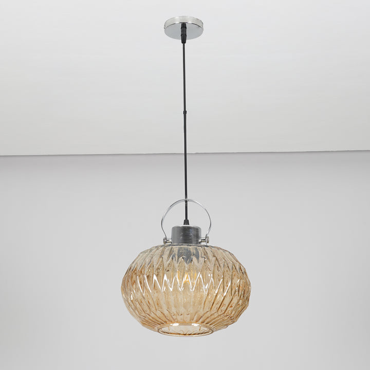 ZELVORA Premium Ribbed Amber Glass Pendant Light with Natural Wood & Black Finish Metal