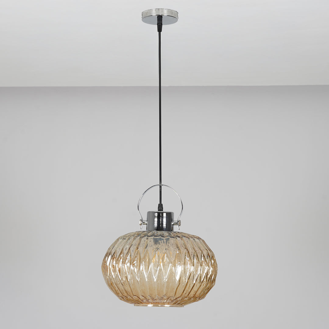 ZELVORA Premium Ribbed Amber Glass Pendant Light with Natural Wood & Black Finish Metal