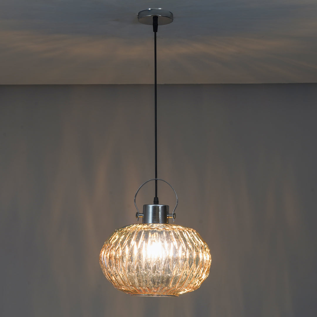 ZELVORA Premium Ribbed Amber Glass Pendant Light with Natural Wood & Black Finish Metal