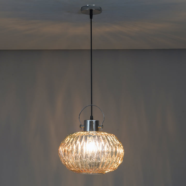 ZELVORA Premium Ribbed Amber Glass Pendant Light with Natural Wood & Black Finish Metal