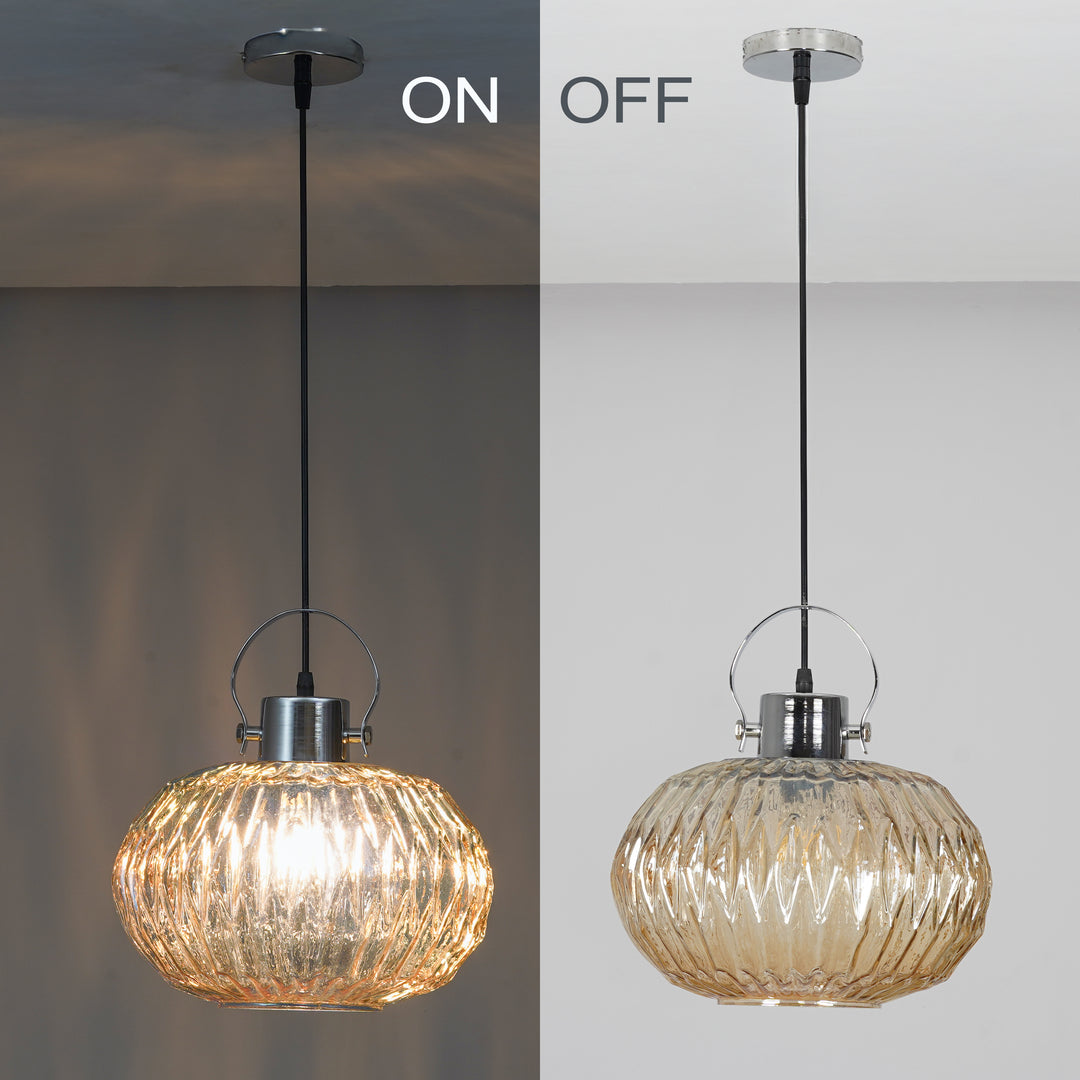 ZELVORA Premium Ribbed Amber Glass Pendant Light with Natural Wood & Black Finish Metal