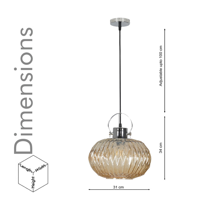 ZELVORA Premium Ribbed Amber Glass Pendant Light with Natural Wood & Black Finish Metal