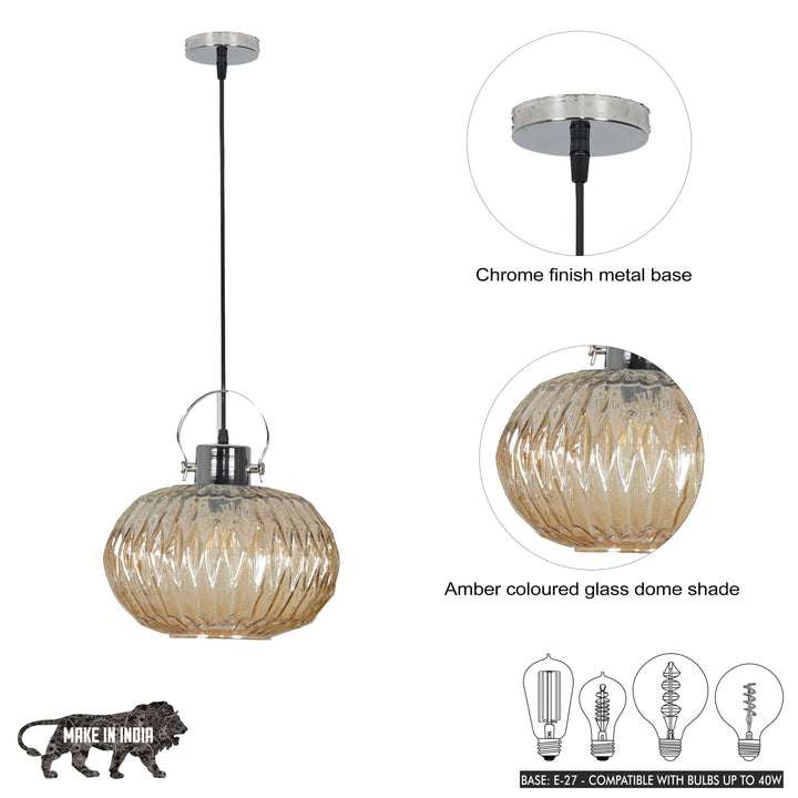 ZELVORA Premium Ribbed Amber Glass Pendant Light with Natural Wood & Black Finish Metal