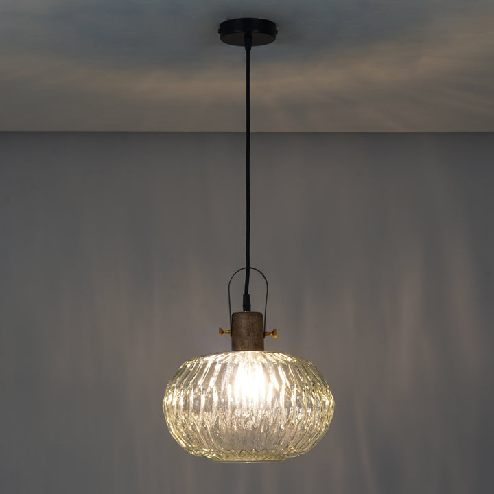 ZELVORA Premium Ribbed Clear Glass Pendant Light with Natural Wood & Black Finish Metal