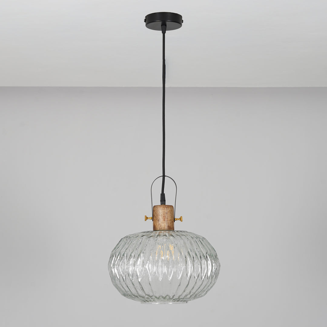 ZELVORA Premium Ribbed Clear Glass Pendant Light with Natural Wood & Black Finish Metal