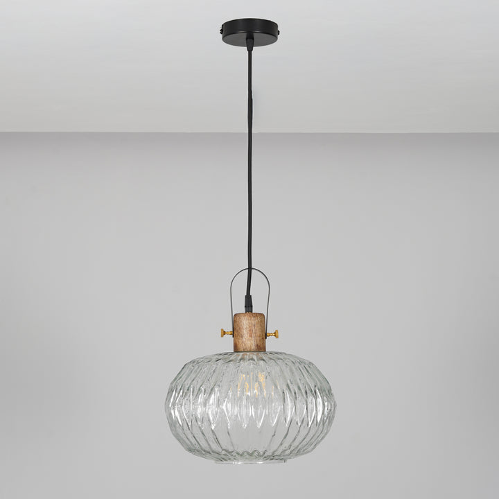 ZELVORA Premium Ribbed Clear Glass Pendant Light with Natural Wood & Black Finish Metal