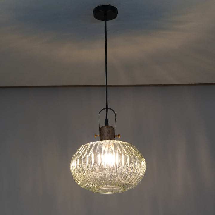 ZELVORA Premium Ribbed Clear Glass Pendant Light with Natural Wood & Black Finish Metal