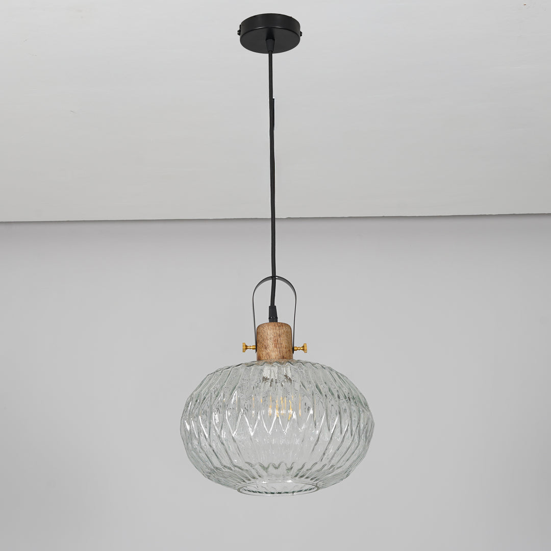 ZELVORA Premium Ribbed Clear Glass Pendant Light with Natural Wood & Black Finish Metal