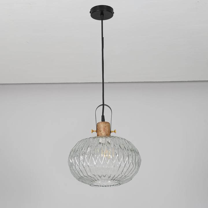 ZELVORA Premium Ribbed Clear Glass Pendant Light with Natural Wood & Black Finish Metal