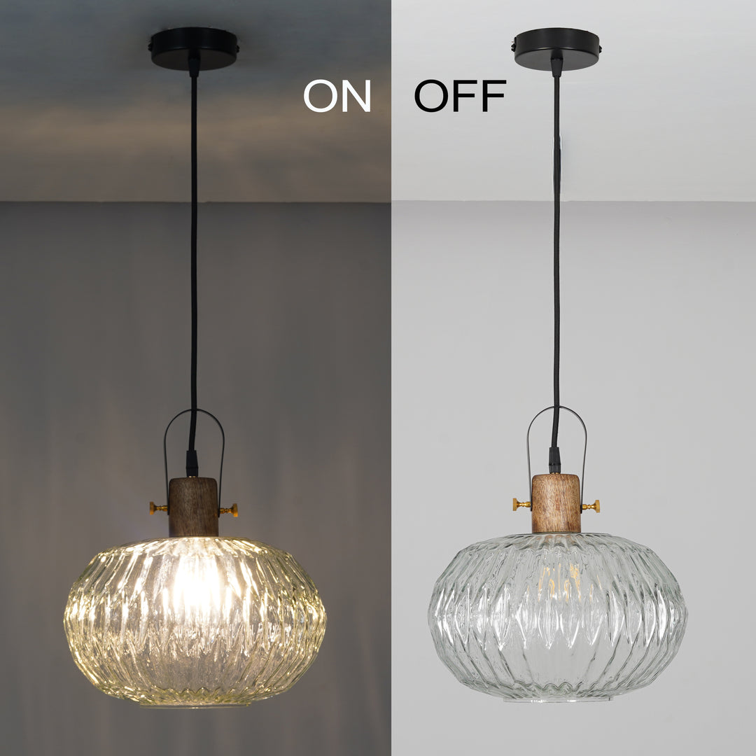 ZELVORA Premium Ribbed Clear Glass Pendant Light with Natural Wood & Black Finish Metal