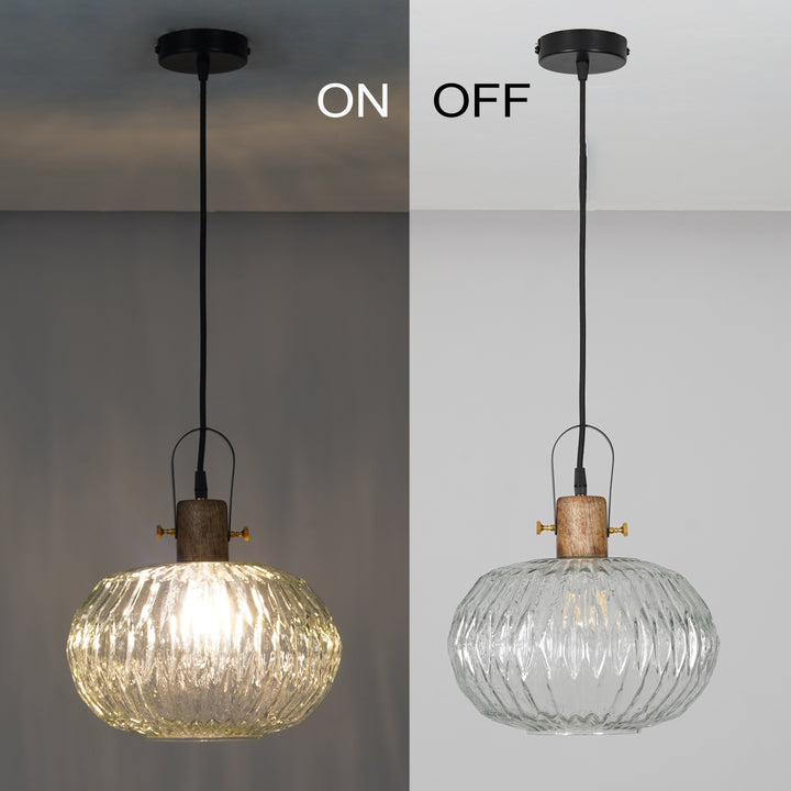 ZELVORA Premium Ribbed Clear Glass Pendant Light with Natural Wood & Black Finish Metal