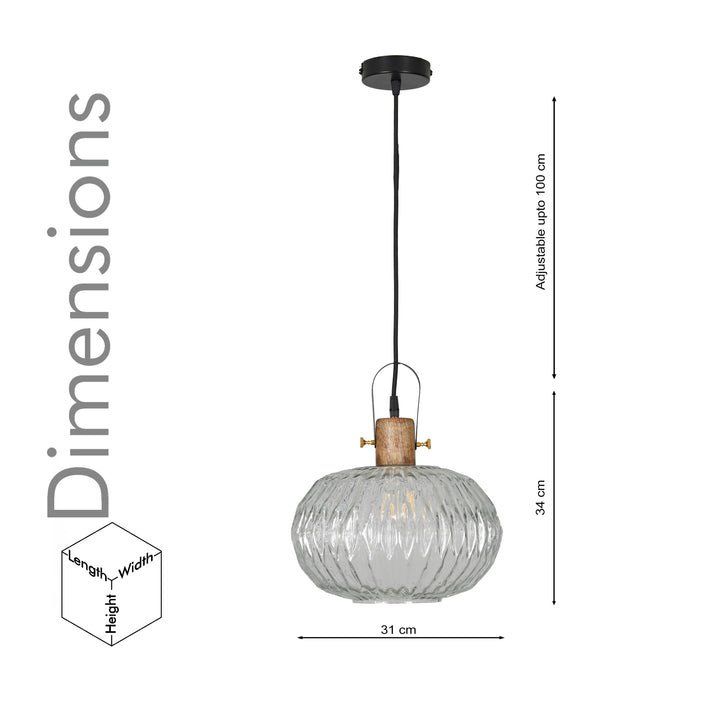 ZELVORA Premium Ribbed Clear Glass Pendant Light with Natural Wood & Black Finish Metal