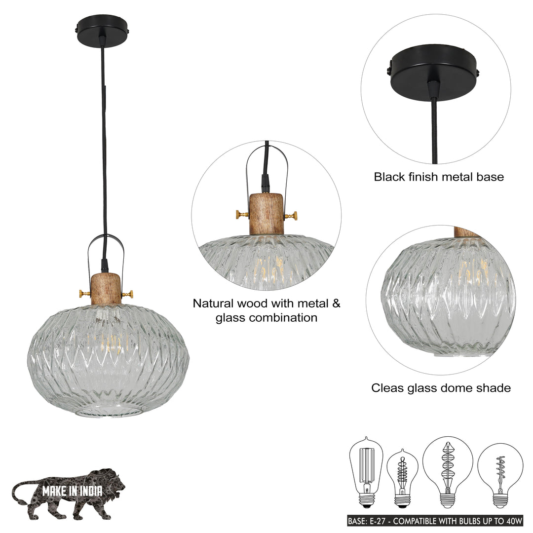 ZELVORA Premium Ribbed Clear Glass Pendant Light with Natural Wood & Black Finish Metal