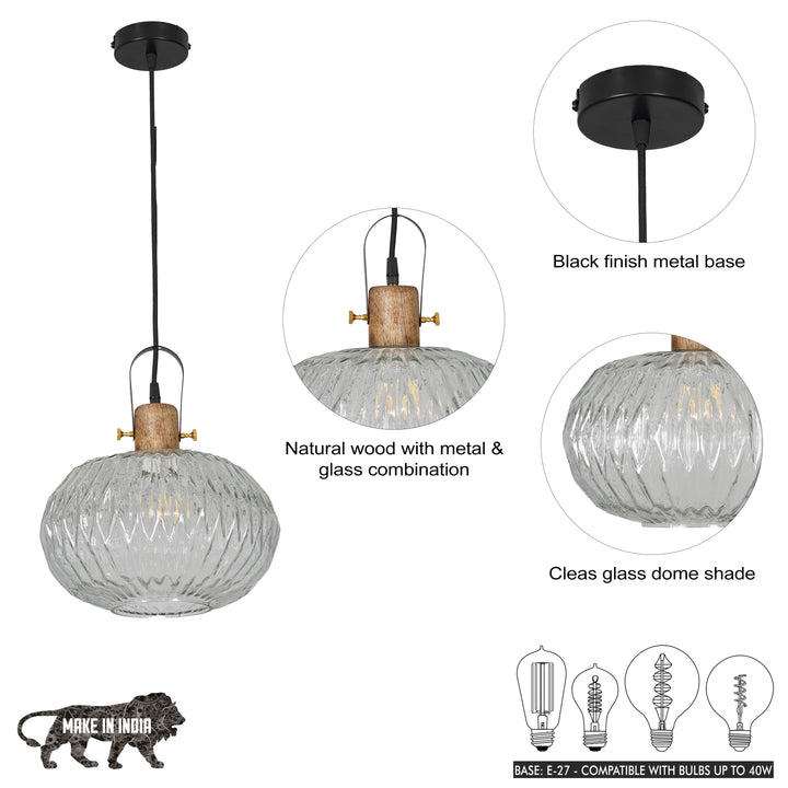 ZELVORA Premium Ribbed Clear Glass Pendant Light with Natural Wood & Black Finish Metal