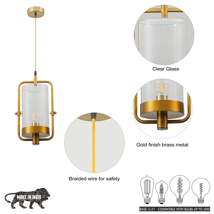 JUNIT Clear Glass & Brass Finish Metal Hanging Pendant Light