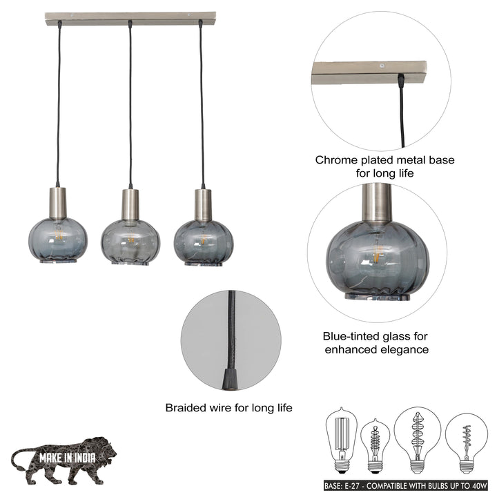 OPALINE Globe Linear Cluster Hanging Pendant Light In Smoke Glass And Chrome Finish Metal