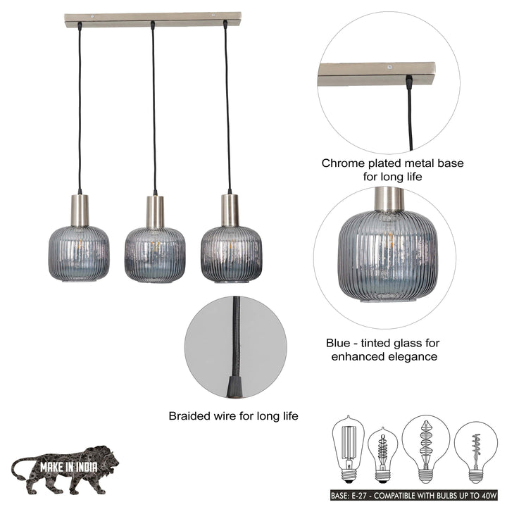 DEMARIUS Linear Cluster Hanging Pendant Light In Blue Glass And Chrome Finish Metal