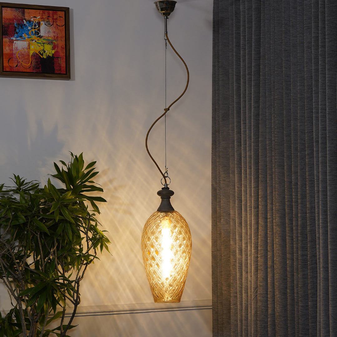 Majani Single Light Rattan Pendant In Amber & Brass Finish