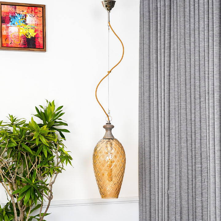 Majani Single Light Rattan Pendant In Amber & Brass Finish