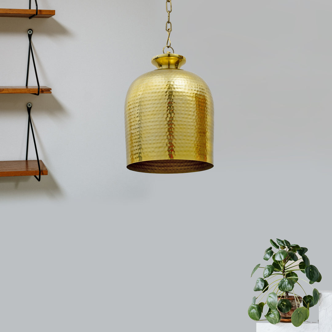 YOKO Modern Hammered Bell Pendant Light in Brass Finish Metal | E27 Holder | Decorative Ceiling Hanging Light for Dining Room, Kitchen Island, Living Room, Bedroom, Café & Restaurant