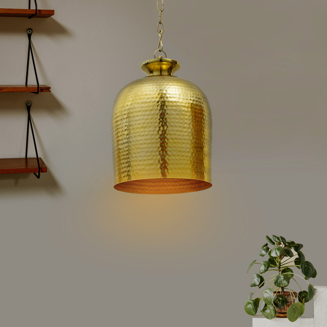YOKO Modern Hammered Bell Pendant Light in Brass Finish Metal | E27 Holder | Decorative Ceiling Hanging Light for Dining Room, Kitchen Island, Living Room, Bedroom, Café & Restaurant