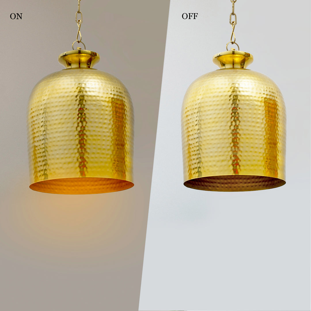 YOKO Modern Hammered Bell Pendant Light in Brass Finish Metal | E27 Holder | Decorative Ceiling Hanging Light for Dining Room, Kitchen Island, Living Room, Bedroom, Café & Restaurant