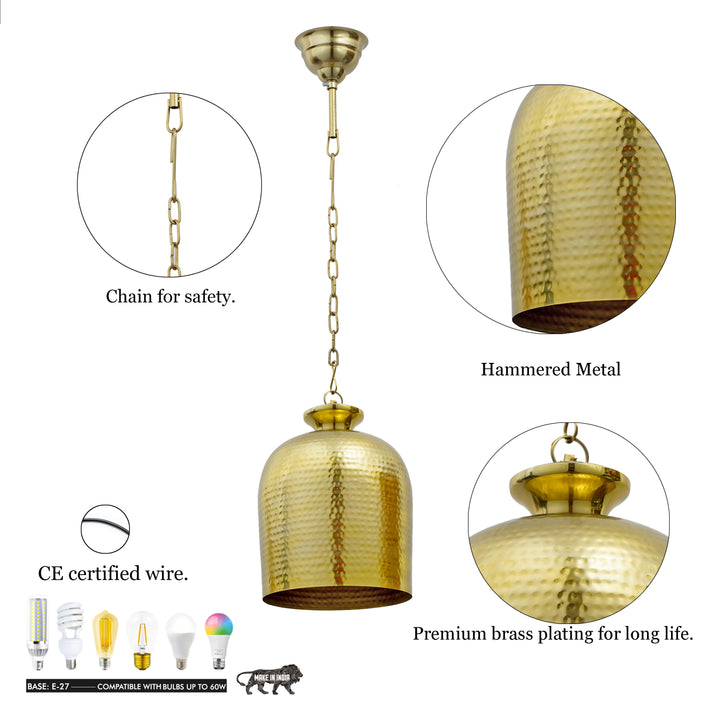 YOKO Modern Hammered Bell Pendant Light in Brass Finish Metal | E27 Holder | Decorative Ceiling Hanging Light for Dining Room, Kitchen Island, Living Room, Bedroom, Café & Restaurant
